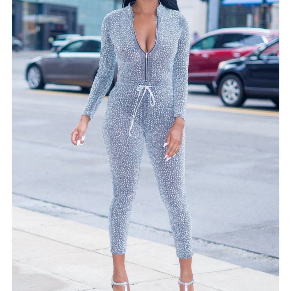 NWT SILVER RHINESTONE JUMPSUIT